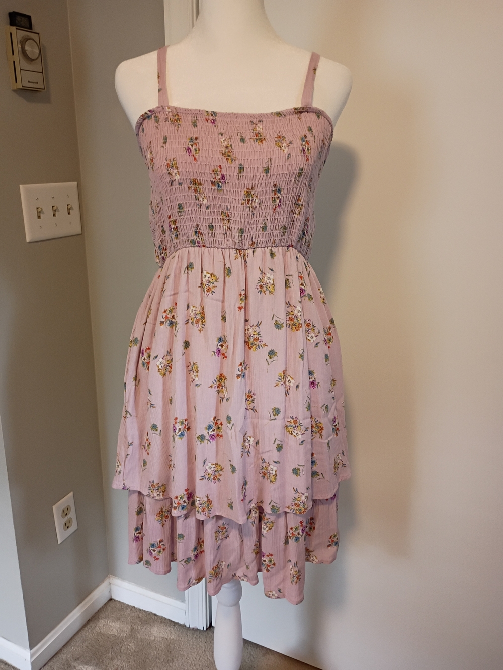 French Grey Light Pink Floral Smocked Dress